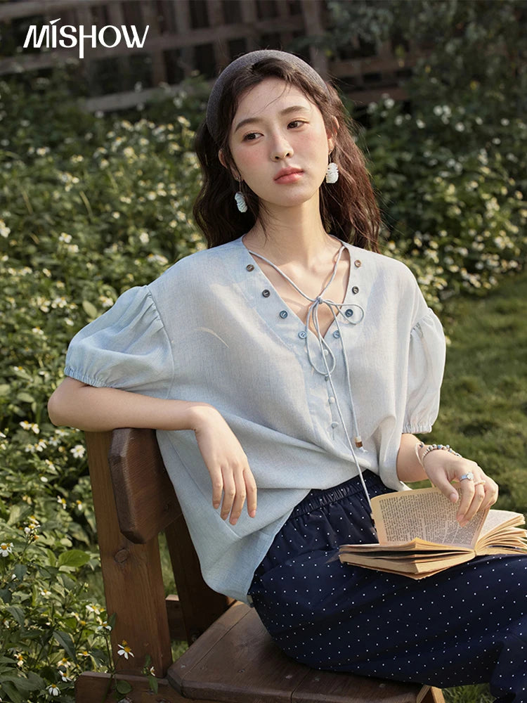 MISHOW French Summer Blouses Women Solid Short Puff Sleeve V-neck Lace-up Design Shirts Female Fashion Straight Tops MXE33X1743