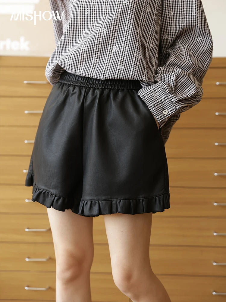 MISHOW Autumn Women's Solid Color PU Leather Shorts High Waist Stretchy Elastic A-Line Slim Ruffle Hem Casual Shorts MXE42K1068