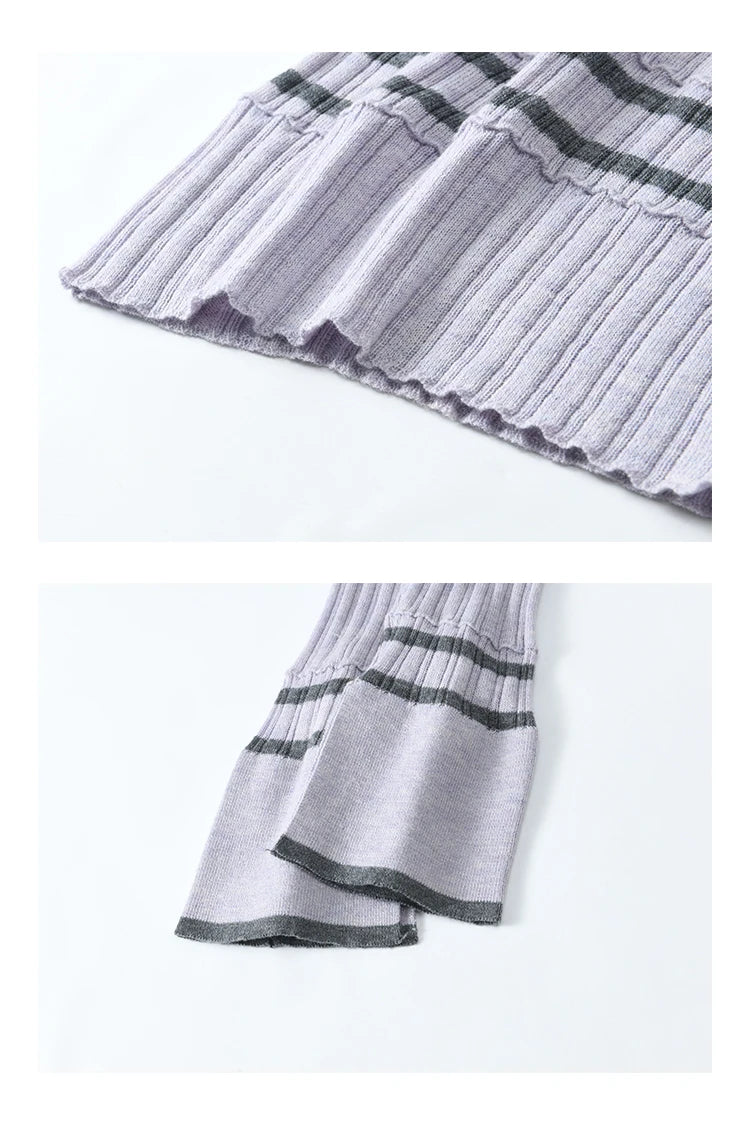 MISHOW Striped Knitted Tops for Women Spring 2025 Contrast Color Striped Slim V-neck Trumpet Sleeves Commuter Outfit MXE13Z1141
