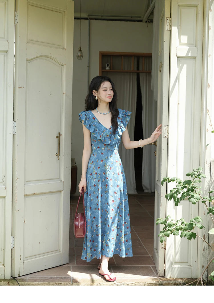 MISHOW Women's Fashion V-neck Ruffled Floral Dress Summer 2025 Flying Sleeve Waist Lace Up Casual Vacation Dresses MXE39L2436