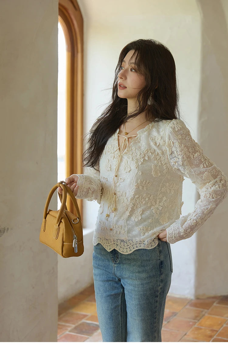 MISHOW Apricot Lace Jacquard Embroidered Shirt 2025 Autumn Black Fungus Edge Lace-up Vintage Commuter Top Office Lady MXE41X1927