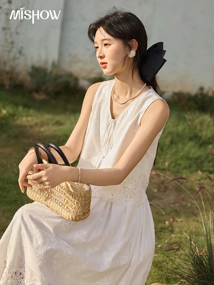 MISHOW 2 Pieces Set Woman Embroidery V-neck Hollow Lace Up Sleeveless Top Summer 2025 Slim Elastic Waist Skirt Set MXE33T0593