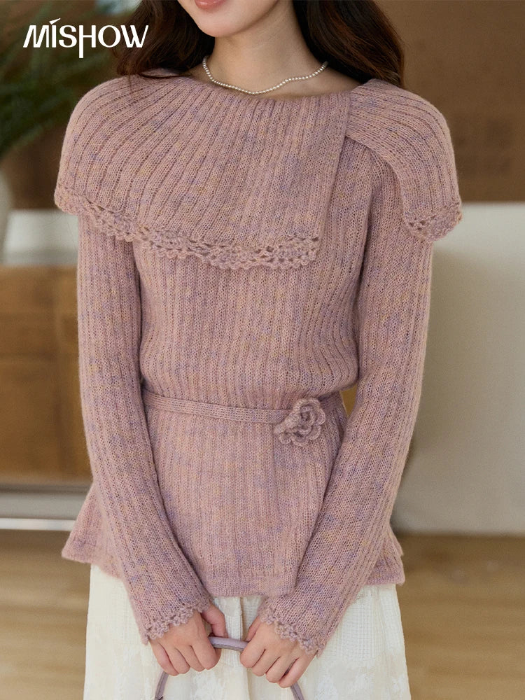 MISHOW Women's Pink Ribbed Knitted Sweater 2026 Spring Large Collar Lace Trim Belted Waist Long Sleeve Pullover Tops MXF11Z2901