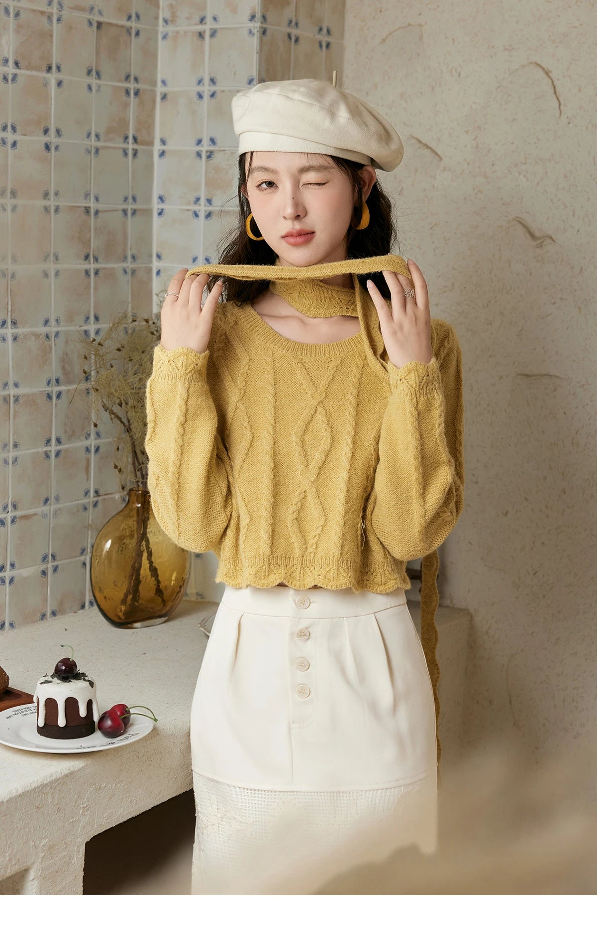 MISHOW Romantic Lace Wave Lace O-neck Knitted Sweater 2024 French Short Top Solid Hollow Elegant Sweater with Belt MPD42Z0736