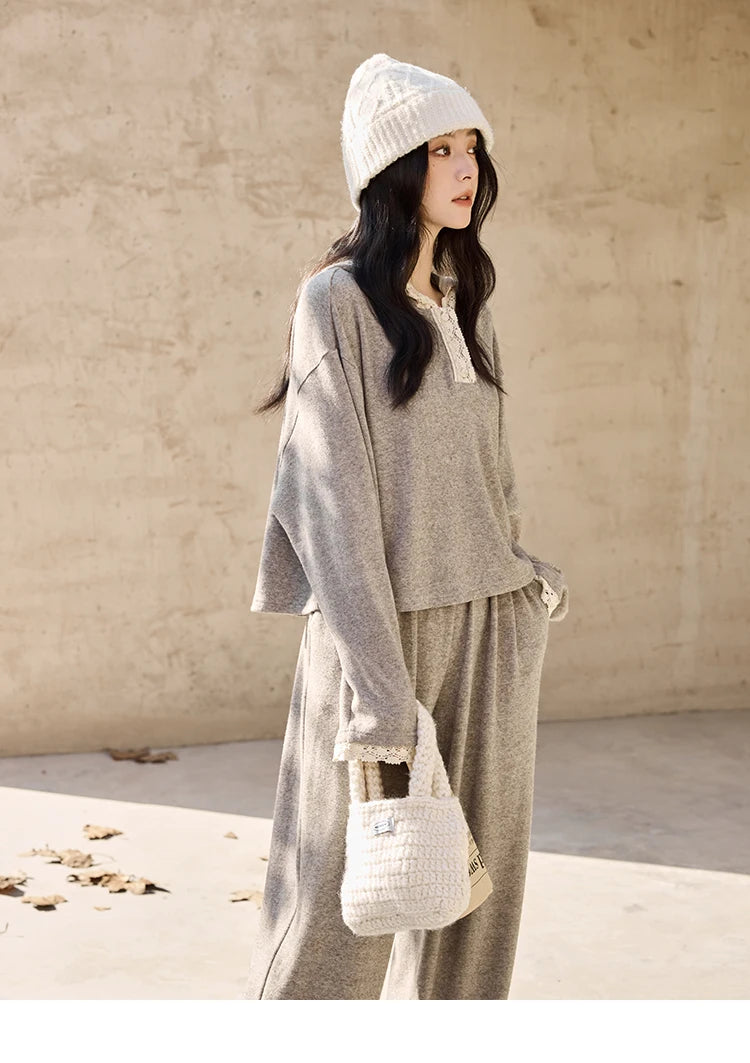 MISHOW Women's Sweatshirt Wide Leg Pants Separately 2025 Fall Winter Lace Splicing Hooded Casual Elastic Waist Pants MXD34V0098