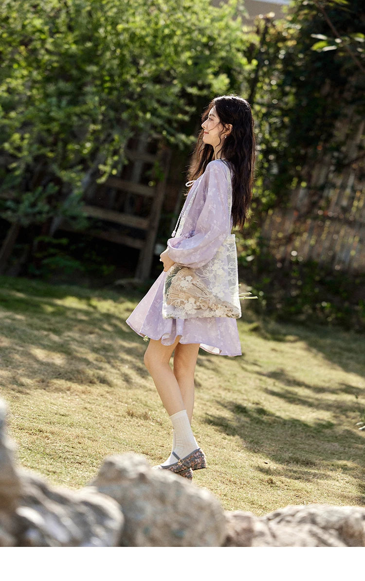 MISHOW Iris Chiffon Dress for Women Spring 2025 Waist Slim Black Fungus Edge Straps Dresses Purple Floral Fairy Dress MXE13L2095