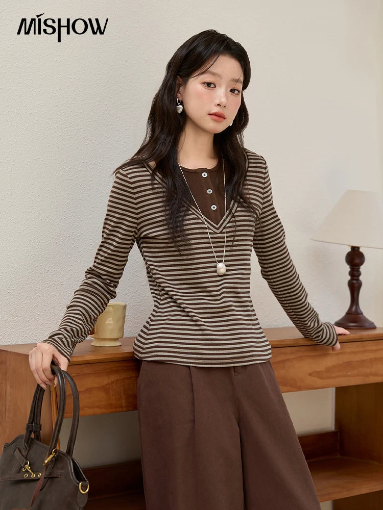MISHOW Cotton Woman Long Sleeves Tee 2025 Autumn Winter Retro Fake Two-piece Striped Top Commute Knitted Top Ladies MXE51Z2555