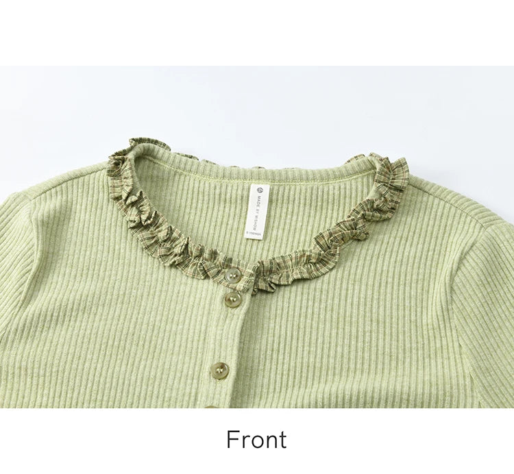 MISHOW Green Plaid Knitted Top 2025 Spring Lotus Leaf Sleeves Tees Slim Long Sleeve Curled Collar Single Breasted Top MXE14Z1152