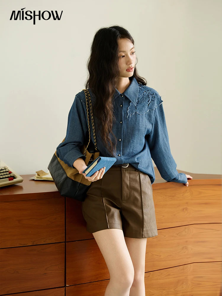 MISHOW Women's Blue Shirt Autumn 2025 Hollowed Out Patchwork Embroidery Tops Imitation Denim Fabric Loose Retro Shirt MXE46C2410