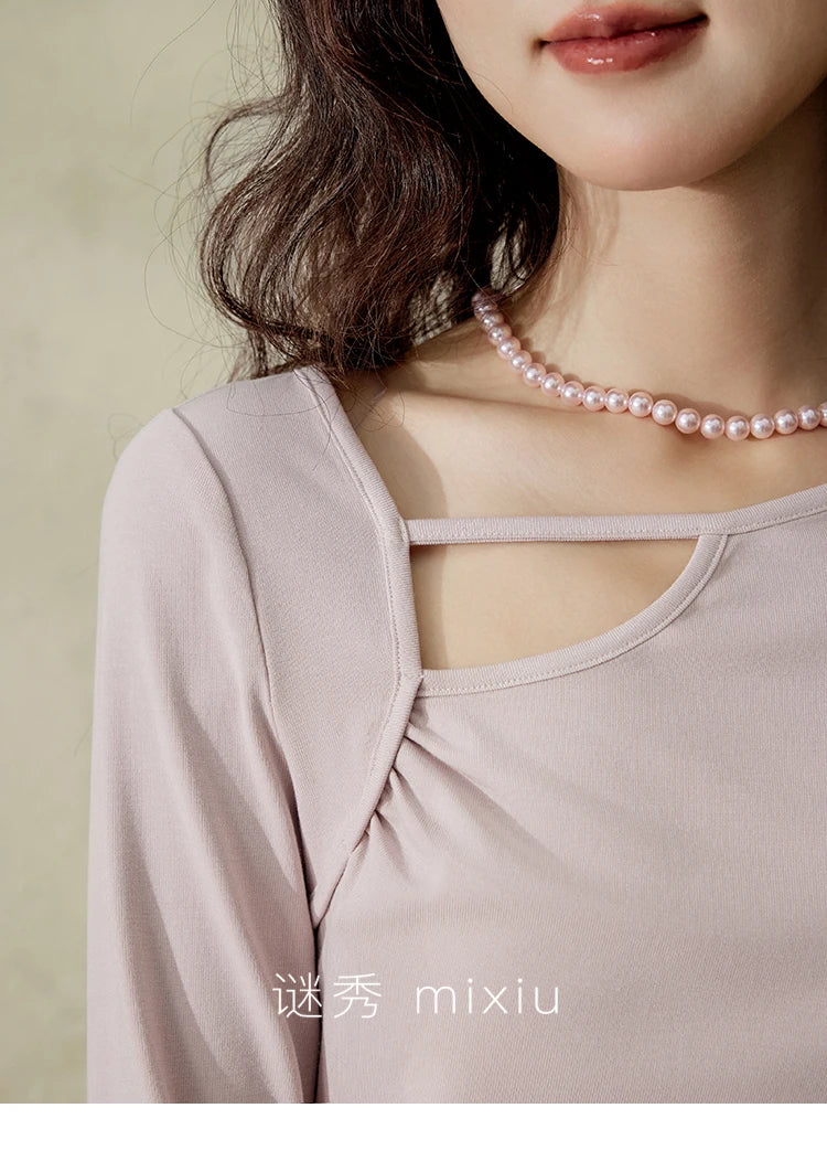 MISHOW Women's Knitted Long Sleeved T-shirt 2025 Spring Outfit Irregular Hollow Neck Tees Slim Solid Color Casual Top MXE13Z1116