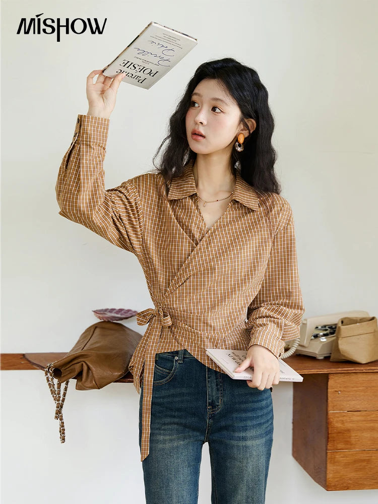 MISHOW Women's 100 Cotton Dark Orange Plaid Shirt  Autumn Design Side Waist Lace-up Long Sleeved Shirts Office Lady MXE46X2494