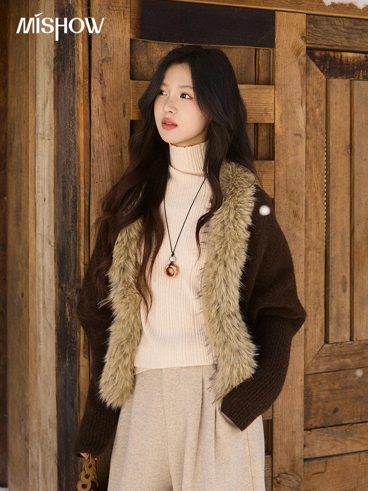 MISHOW Women's Brown Knitted Cardigan 2025 Winter Faux Fur Collar Batwing Sleeve Tops Warm Loose Outerwear Beltless MXE94Z2954