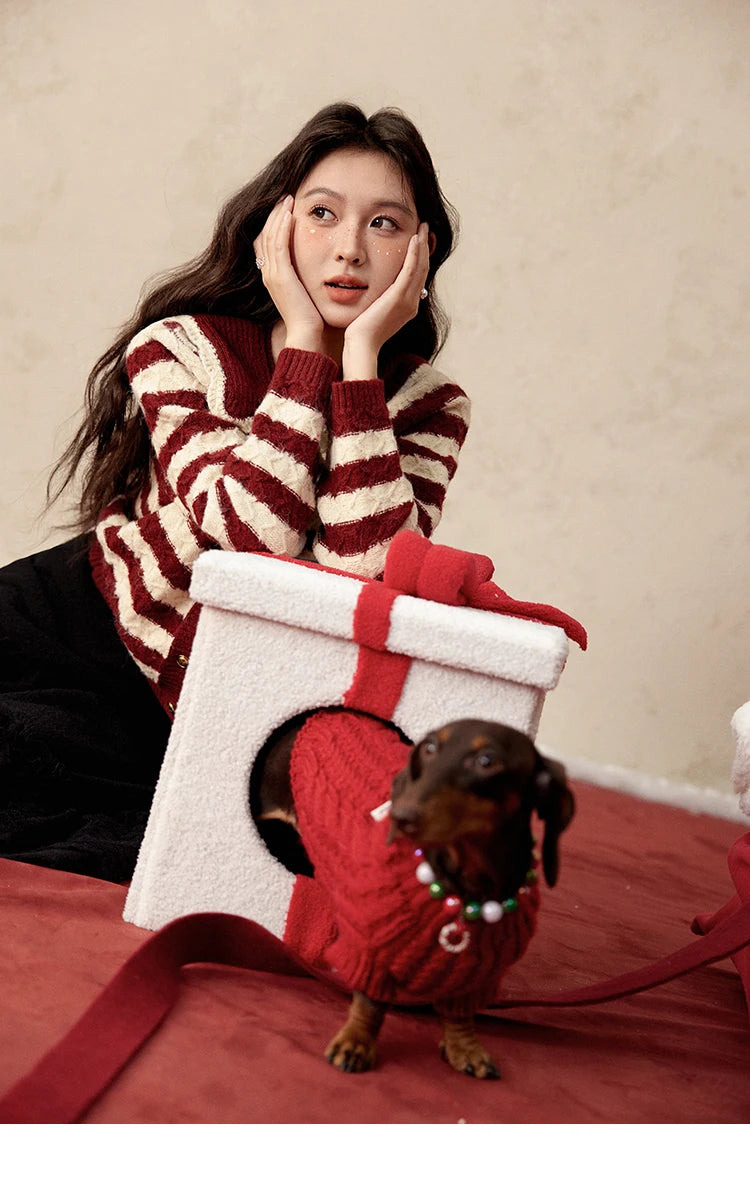 MISHOW Christmas Red Striped Turn Down Collar Cropped Cardigan Thickened Warm Wool Blend Sweater Soft Knitted Tops MXD58Z1038