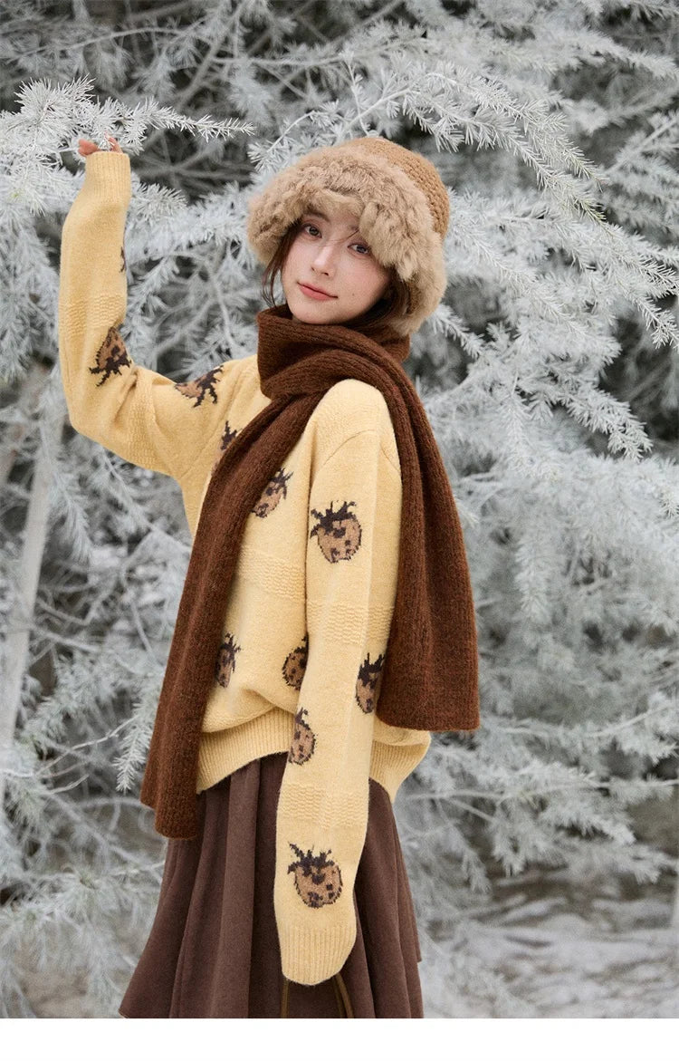 MISHOW Cardigan Women 2025 Autumn Winter Fashion Fuuny Pineapple Jacquard Round Neck Single-breasted Sweater Woman MXE87Z2752