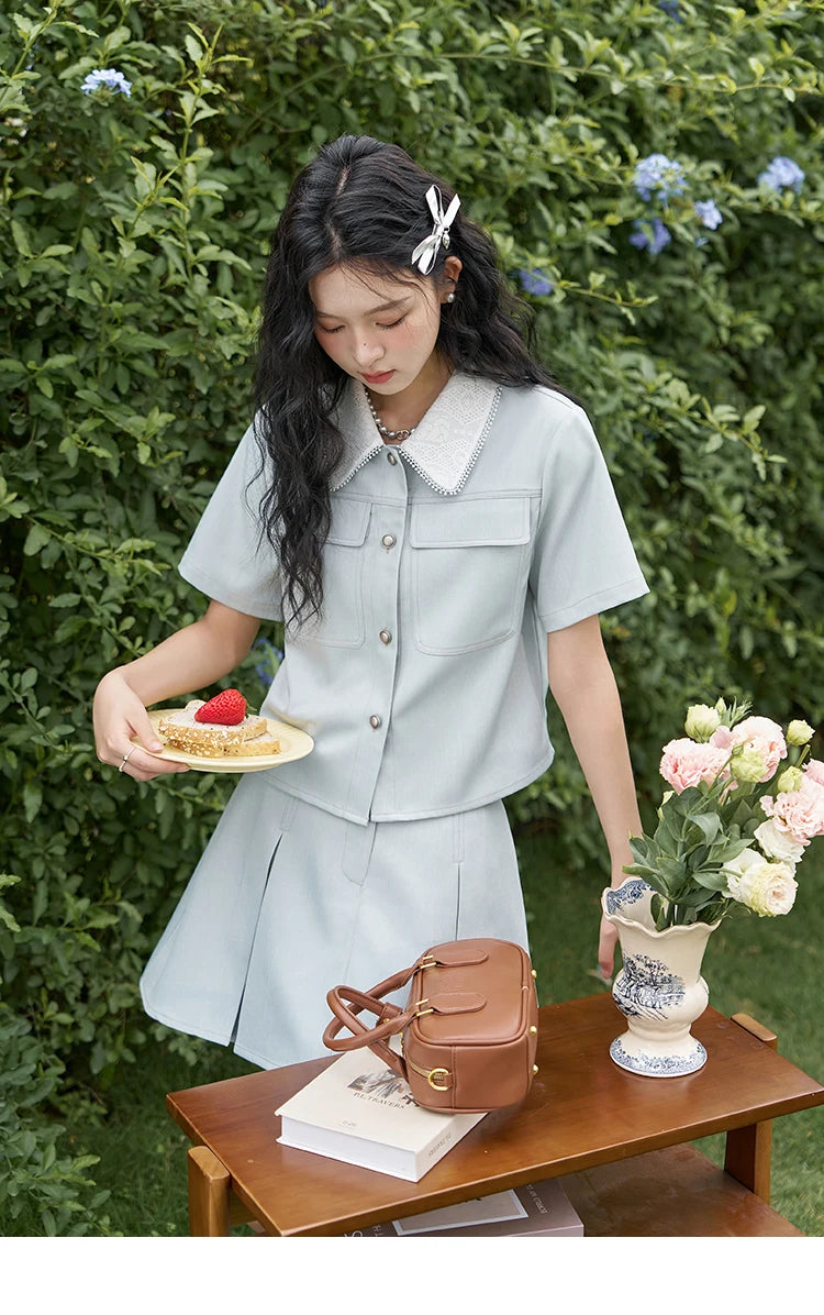 MISHOW French Fragrance Top Pleated Skirt Separately 2024 Lapel Neck Single Breasted Shirt High Waist A-line Skirts MXD24C0201