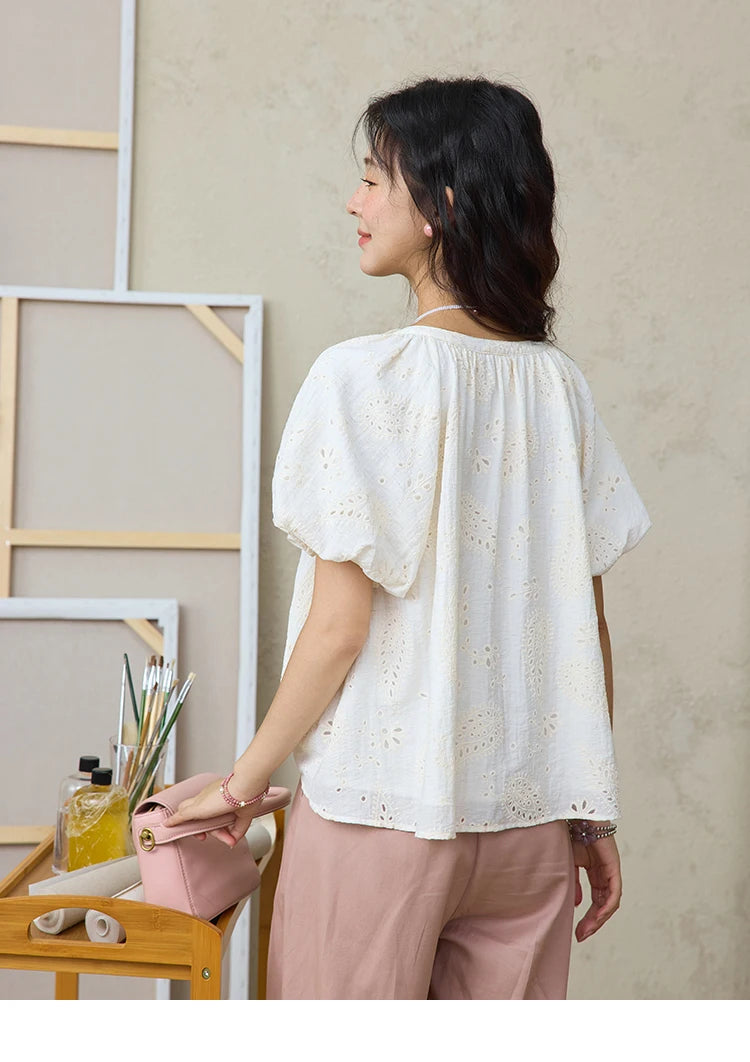 MISHOW Fashion Embroidery Jacquard Design Short Sleeve Shirt for Women 2025 Summer New V-neck Lace Up Retro Loose Top MXE35X1790