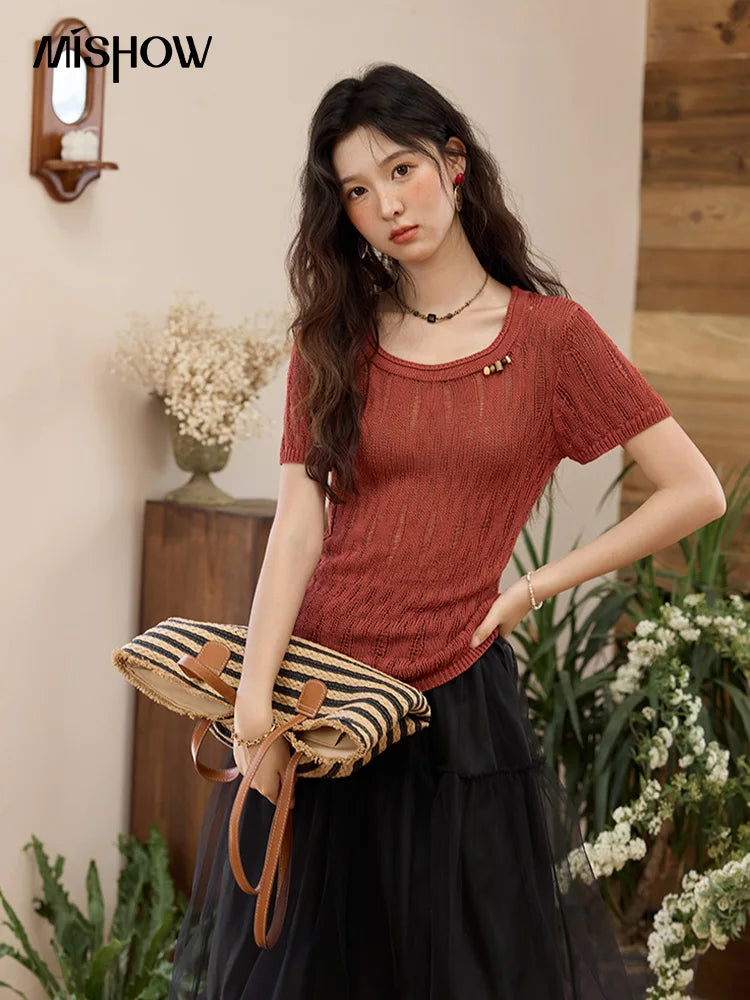MISHOW Retro Red Hollow Thin Knitted Sweater Shirt for Women 2025 Summer Beads Short Sleeves Knitted Breathable Top MXE35Z1271
