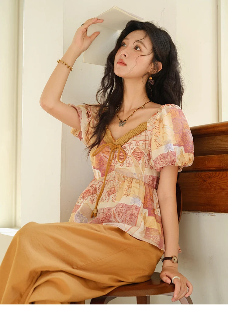 MISHOW V-neck Lace Up Patchwork Blouses for Woman 2025 Summer New Ladies Puff Sleeve Print Loose Top Female Clothing MXE38X1911