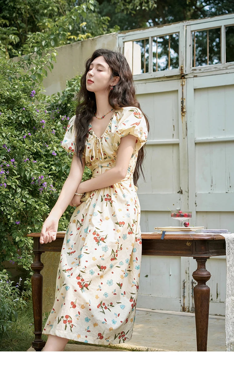 MISHOW French 100 Cotton Floral V-neck Dress Women 2025 Summer Bubble Sleeve Drawstring Lace-up Temperament Dresses MXD30L1868