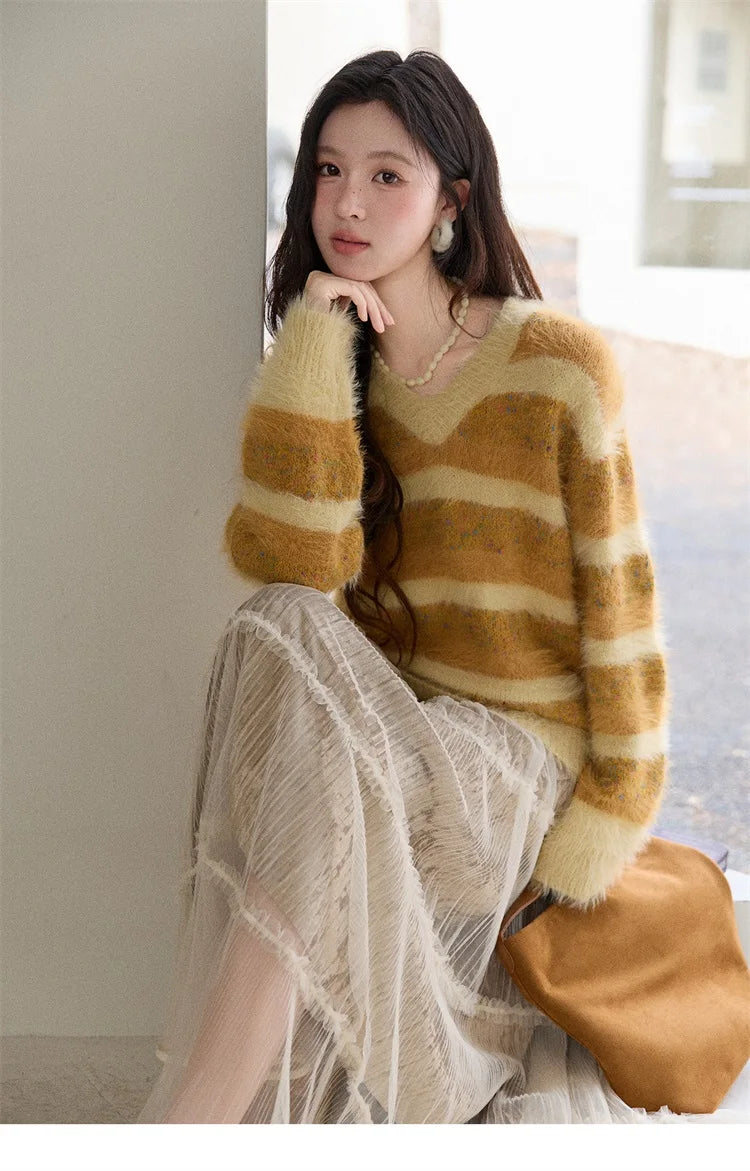 MISHOW Women's V-neck Knit Pullover Retro Yellow Striped Sweater 2025 Casual Faux Mink Jacquard Loose Knit Sweater MXE87Z2766