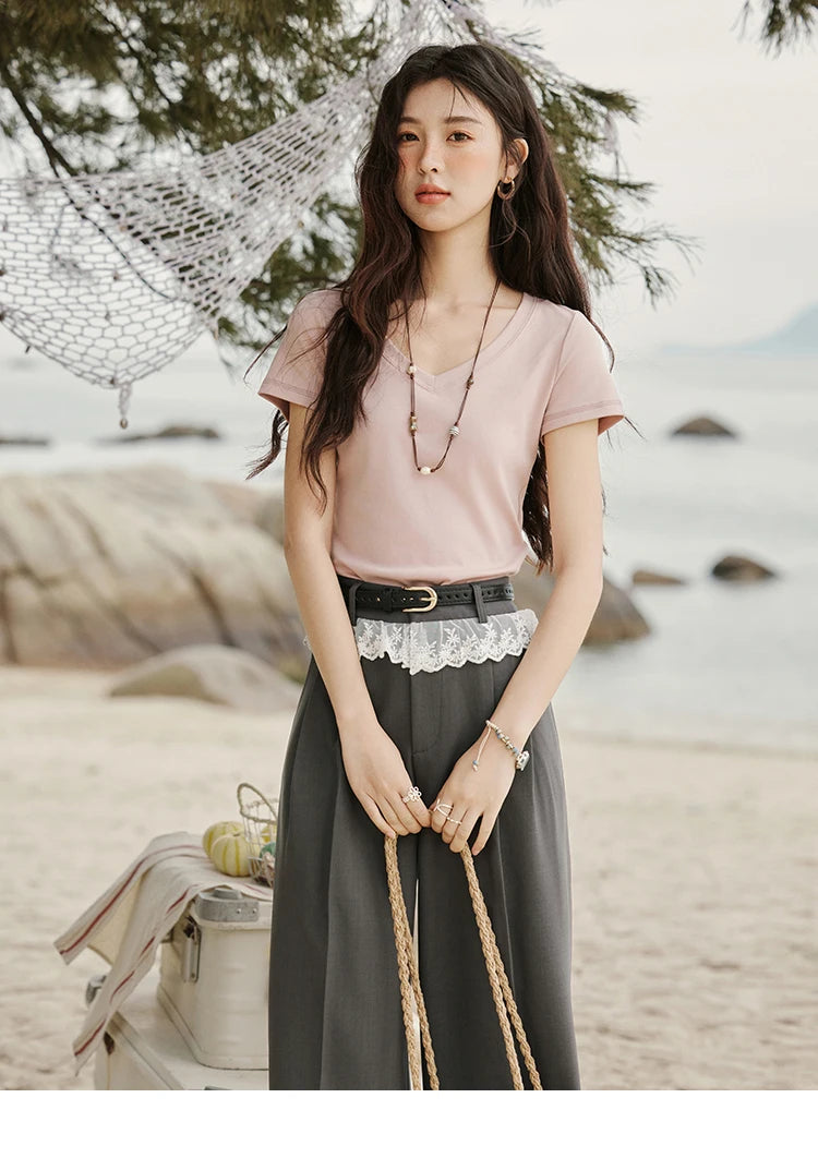 MISHOW Cotton Casual T-shirts Women New 2025 Short Sleeve V-neck Solid Versatile Shirt Female Fashion Basic Tops Lady MXE33T0519