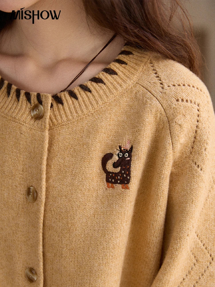 MISHOW Winter Knit Women's Cardigan 2025 New Little Fox Embroidered Sweater Retro Orange Loose Long-sleeved Tops MXE88Z2598