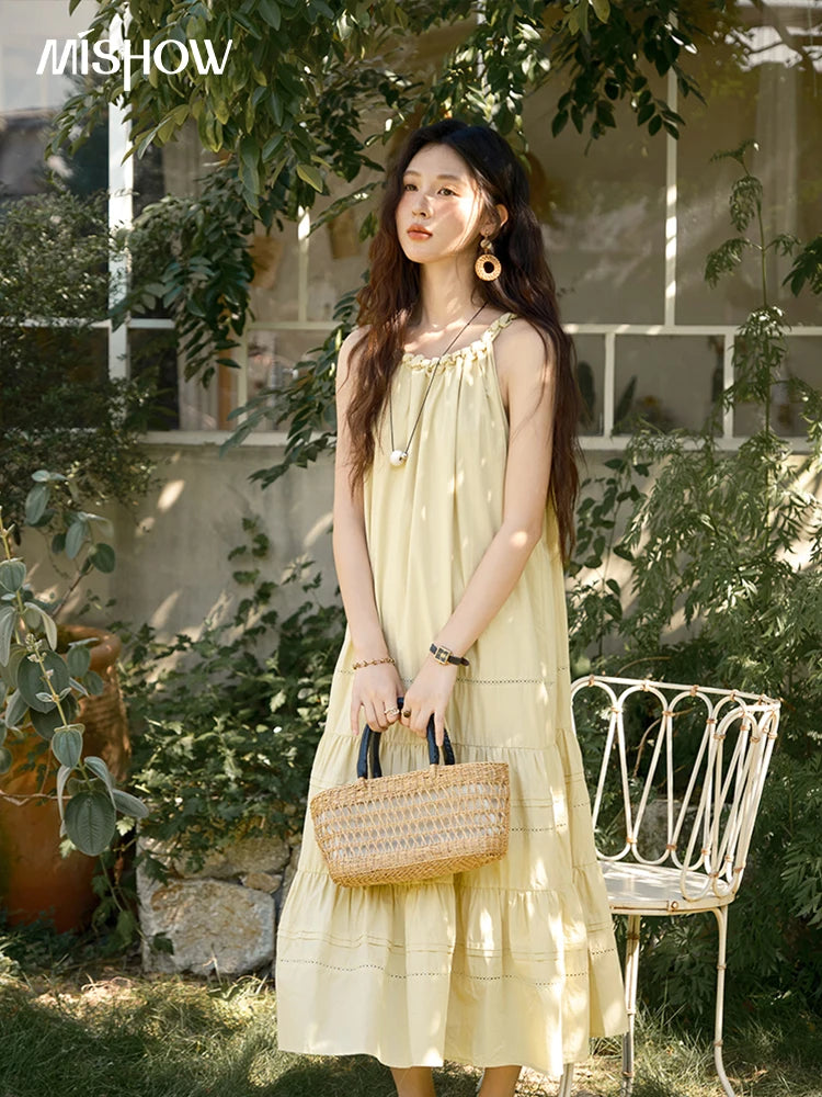 MISHOW Women's Twists Neck Strap Dress 2025 Summer New Female Fashion Sleeveless Twist Hollow Lace Up Cake Dresses MXE39L2383