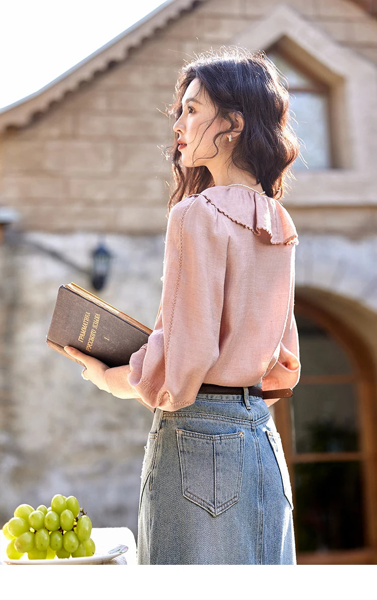 MISHOW Lotus Leaf Collar Shirt Bubble Sleeves Pink Shirt for Women Spring 2025 Sweet Chiffon Top Temperament Shirts MXE12X1702