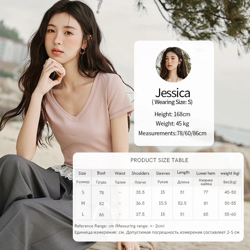 MISHOW Cotton Casual T-shirts Women New 2025 Short Sleeve V-neck Solid Versatile Shirt Female Fashion Basic Tops Lady MXE33T0519