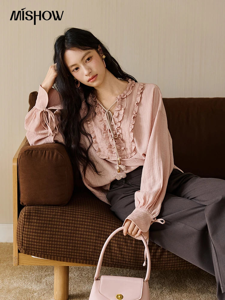 MISHOW Women's Pink Blouse 2025 Autumn Elegant Fold Edge V-collar Bubble Sleeve Top Loose Casual Commute  Blouses MXE45X2485