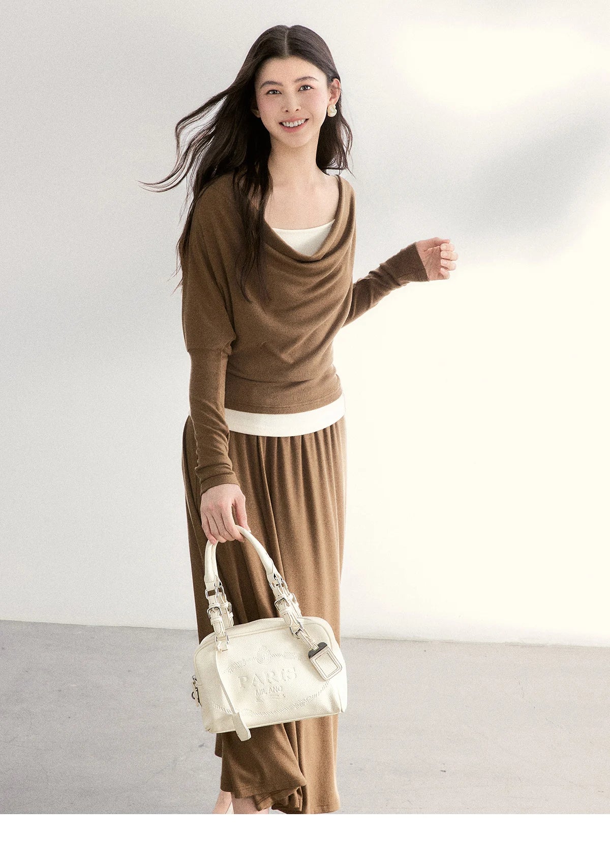 MISHOW Women's Draped Neck Tops with Camisole Two Piece Set 2026 Spring Long Sleeve Slim Casual Soft Brown Tops MXF11T1458