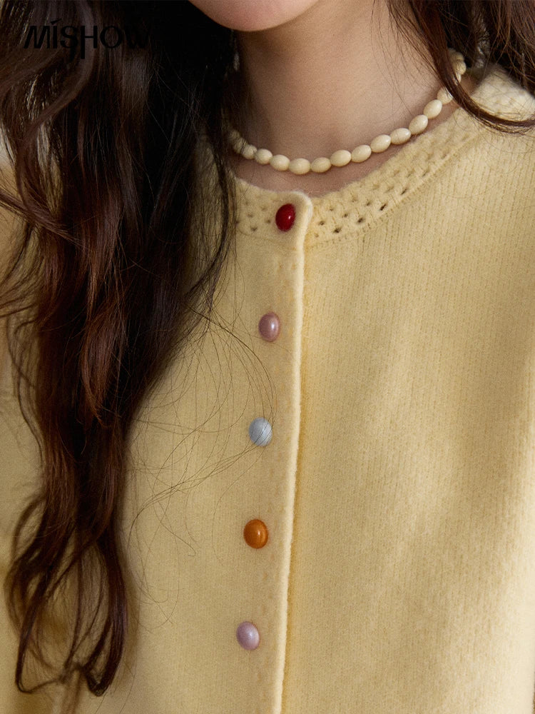 MISHOW Women's Cardigan 2025 Slim Fit Hollow Out Round Neck Rainbow Button Sweater French Style Solid Warm Knitwear MXE90Z2796