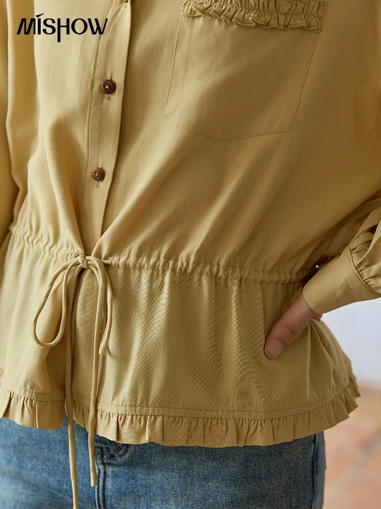 MISHOW Autumn French Drawstring Waist Shirt 2025 Yellow Hem Lotus Leaf Top Female Lapel Lantern Sleeve Commuter Shirt MXE42C2368