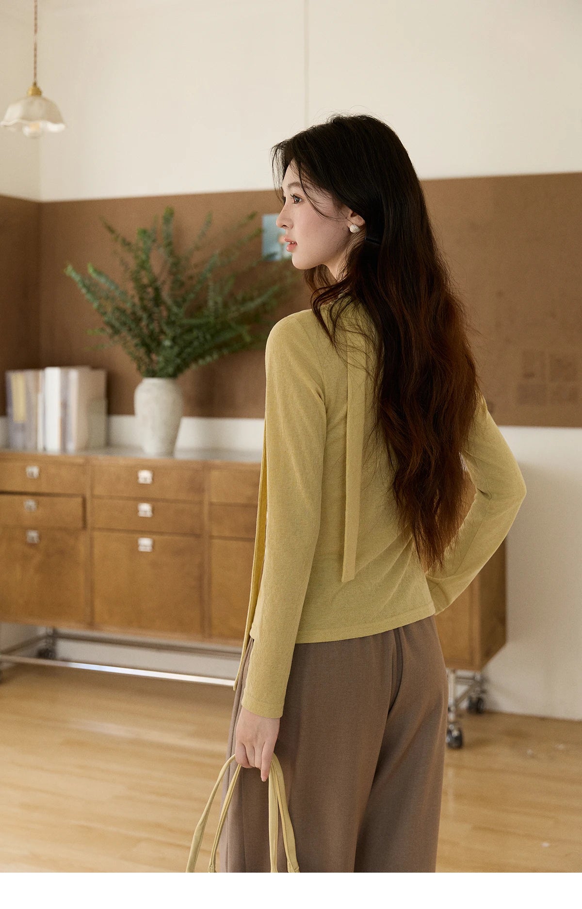 MISHOW Women's Yellow Splicing Lace Long Sleeve Knitted Top Spring Ribbon Draped Collar Casual Slim Thin Sweater MXF108Z1030