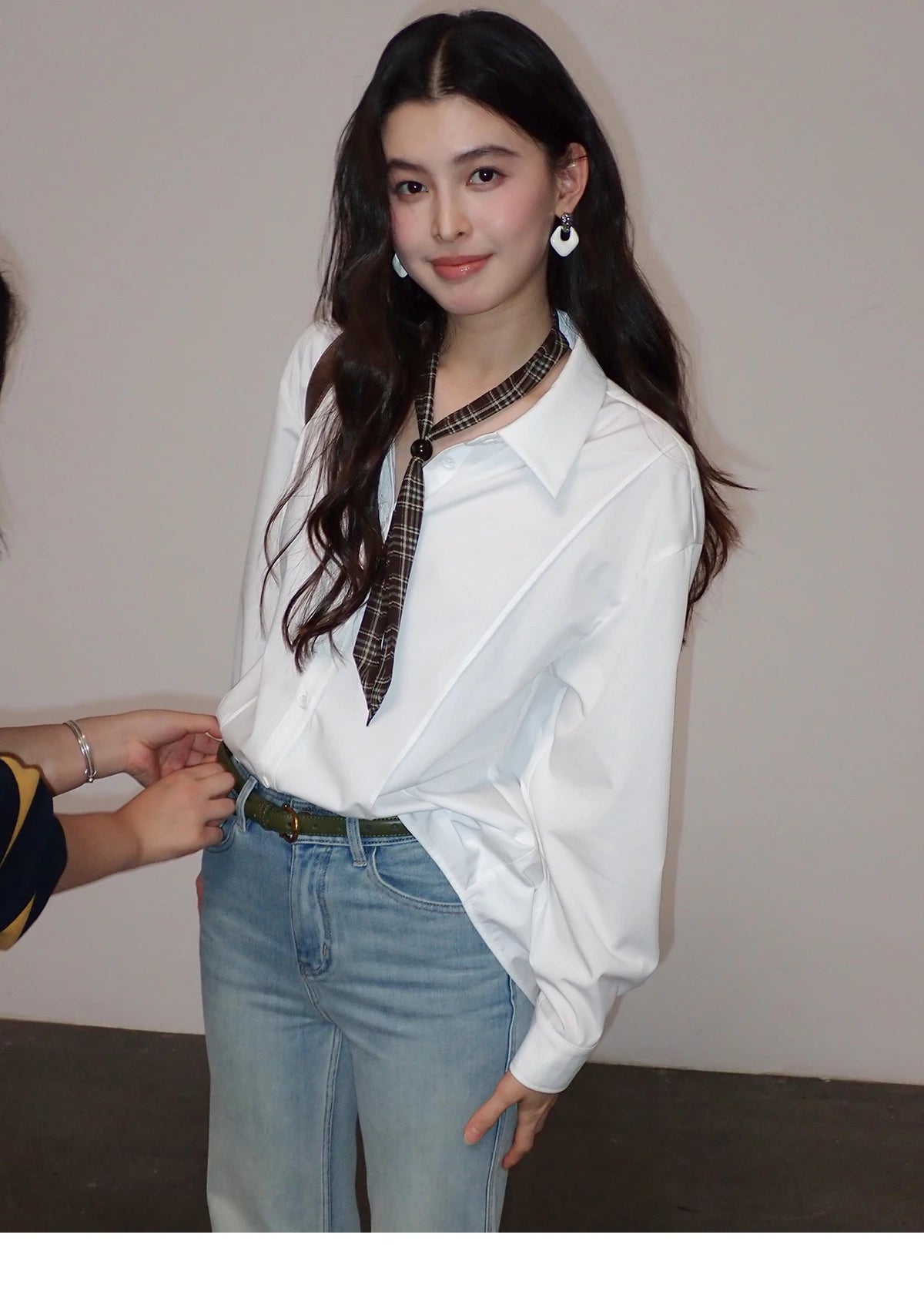 MISHOW Women's Casual Loose Shirt with Plaid Scarf 2026 Spring Lapel Tops Versatile Long Sleeve Shirts Office Lady MXF108C0815