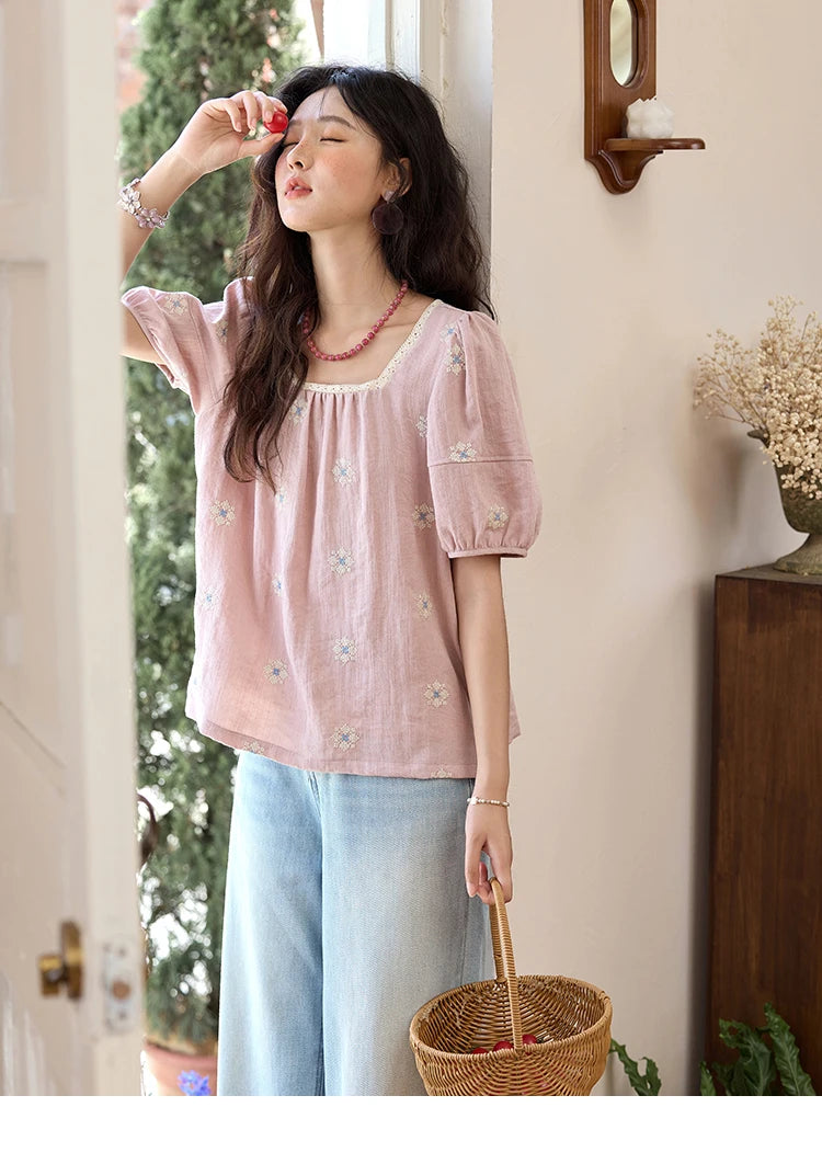 MISHOW Pink Embroidered Linen Floral Blouse for Summer 2025 A-line Square Collar Blouses Lace Patchwork Loose Tops MXE35X1834