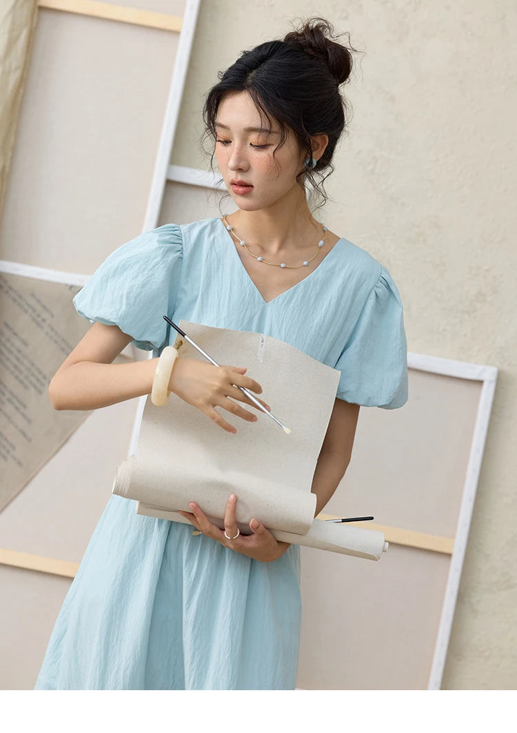 MISHOW French Summer Dresses Women 2025 New Short Puff Sleeve V-neck Solid Cotton Blended Dress Female Slimming MXE34L2288