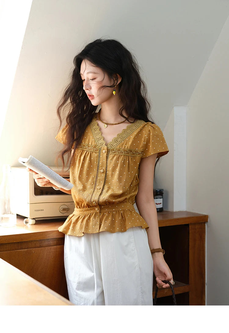 MISHOW Women's V-neck Lace Splicing Blouse 2025 Summer New Ladies Fashion Polka Dot Hollow Ruffle Button Female Top MXE38X1847