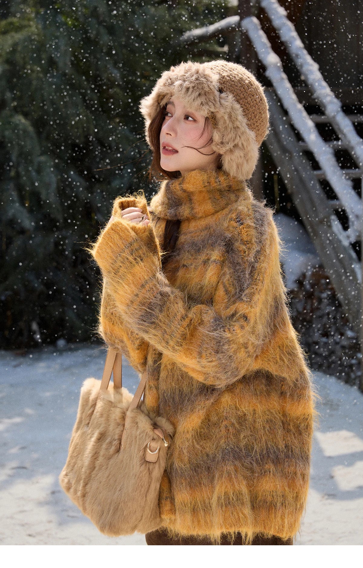 MISHOW Retro Yellow Gradient Blurred Striped Sweater with Scarf Winter 2025 Brushed Wool Blend Soft Warm Sweater MXE91Z2842