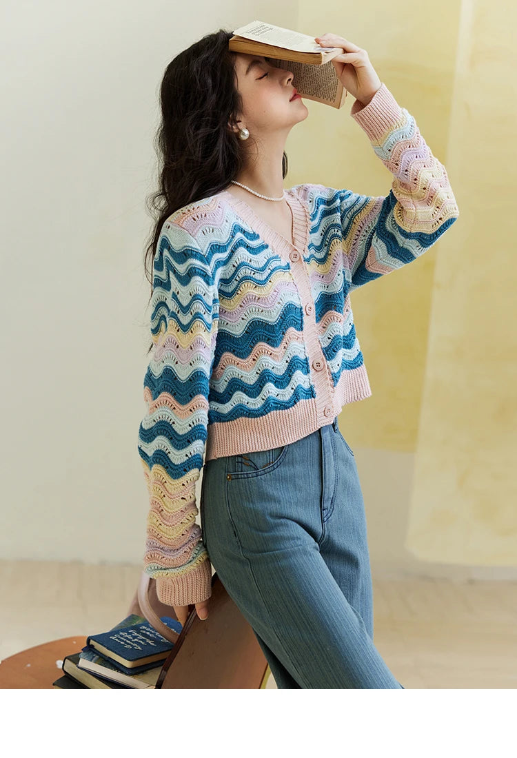 MISHOW Color Stripe Knitted Cardigan Women 2025 Spring V-neck Long Sleeve Loose Cardigans Woman Fashion Office Lady MXE16Z1203