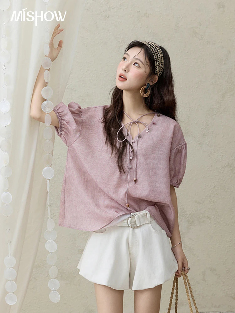 MISHOW French Summer Blouses Women Solid Short Puff Sleeve V-neck Lace-up Design Shirts Female Fashion Straight Tops MXE33X1743