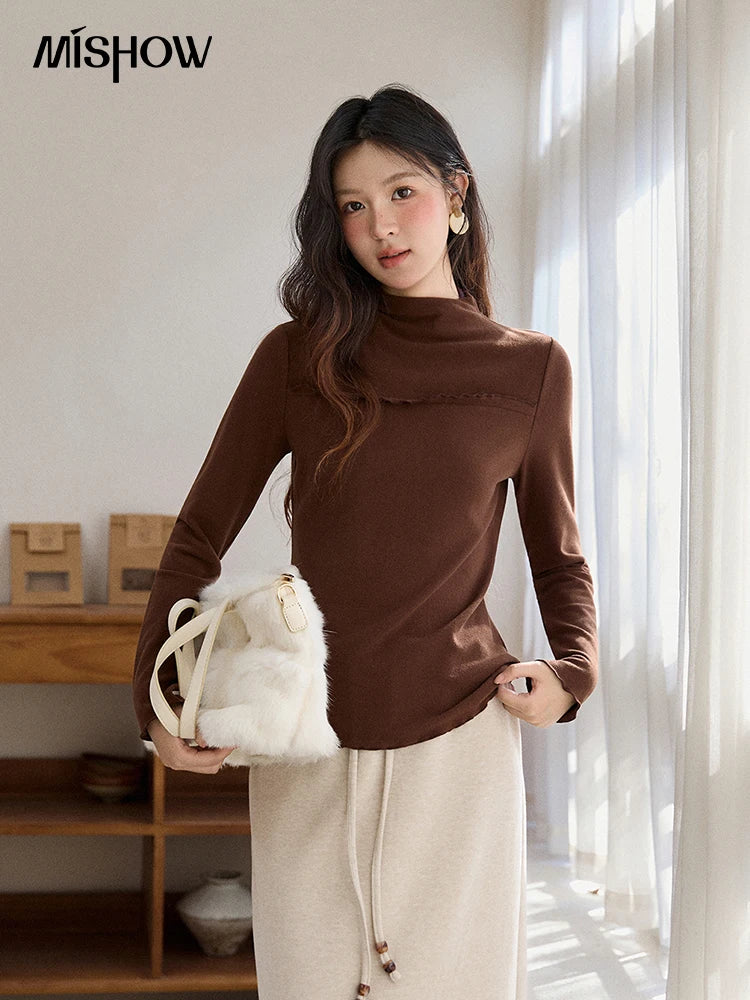 MISHOW Women's Multi-Color Thermal Turtleneck Top 2025 Autumn Winter Vintage Versatile Warm Fleece Ruffled Edge Tops MXE91Z2784