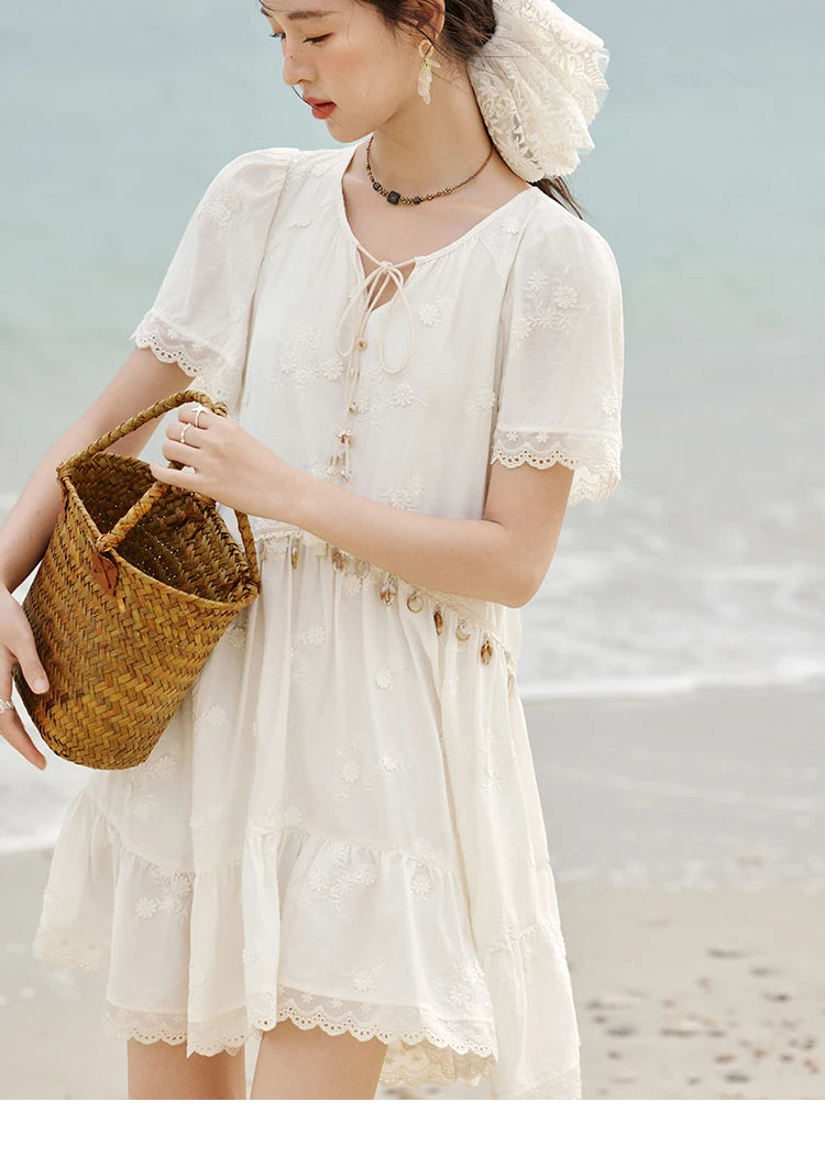 MISOHW Bohemian Solid Women's Summer Dress New 2025 Short Sleeve V-neck Shell Lace Midi Dresses for Woman Fashion MXE33L2195