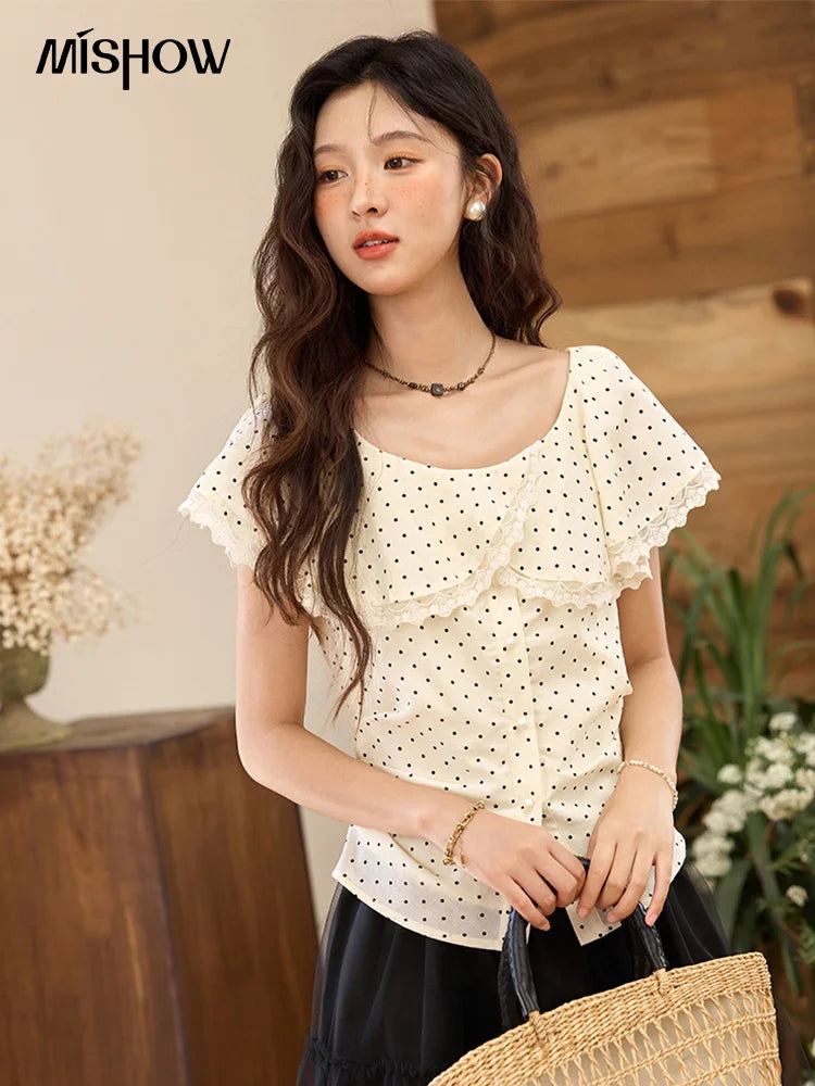 MISHOW Women's Apricot Polka Dot Shirt 2025 Summer French Ruffle Edge Patchwork Lace Shirts Short Sleeved Slim Top MXE34X1783