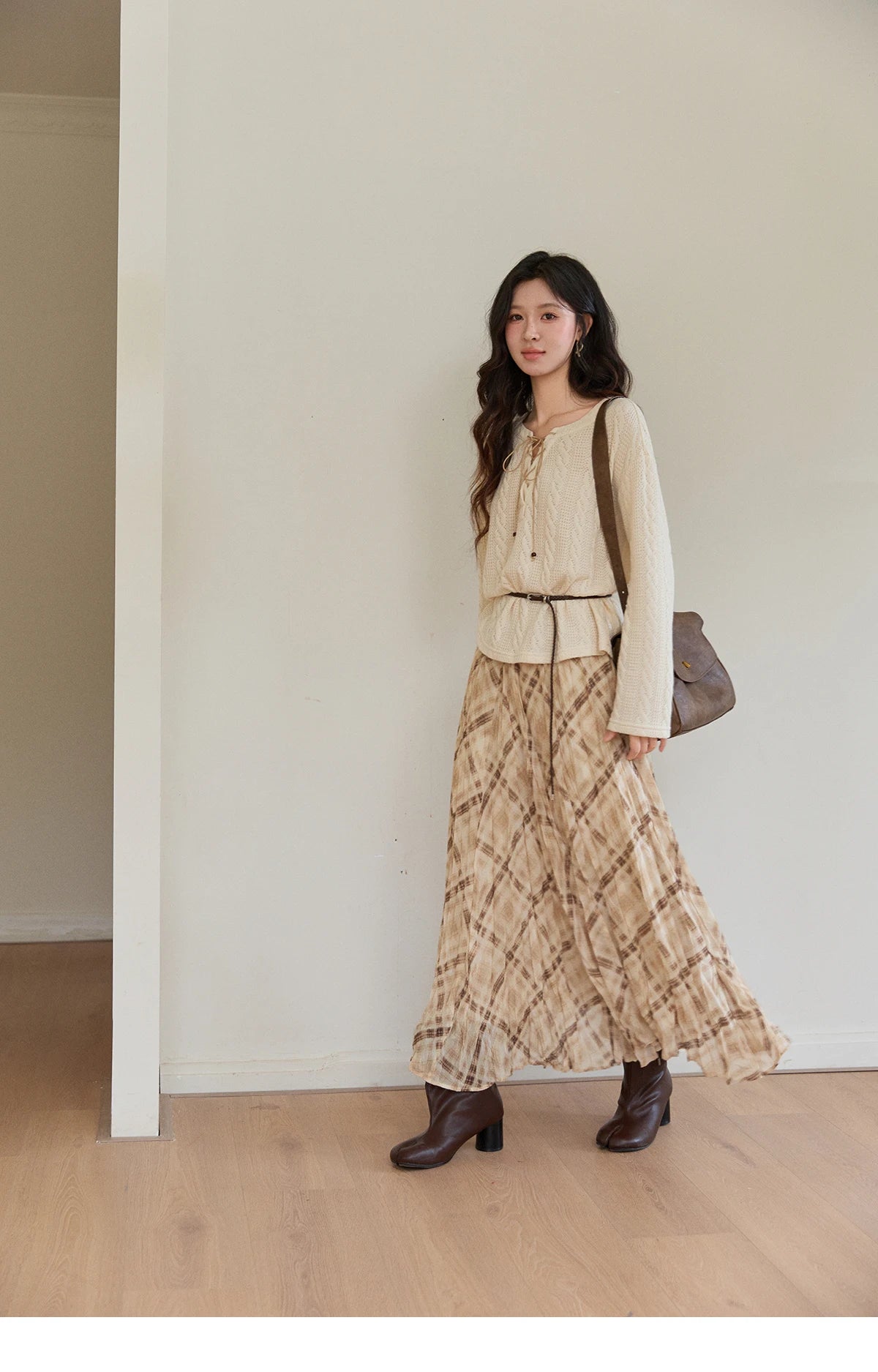 MISHOW Women's Beige Apricot Knitted Sweater 2026 Spring V-Neck Lace-Up Cable Knit Casual Loose Top Excluding Belt MXF108Z1029