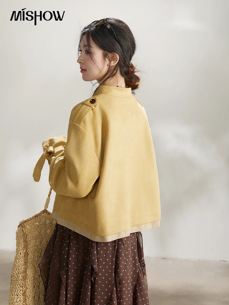 MISHOW Women's Yellow Double-Breasted Trench Stand Collar Coat Adjustable Cuffs Splicing Striped Hem Casual Outerwear MXF11W1026