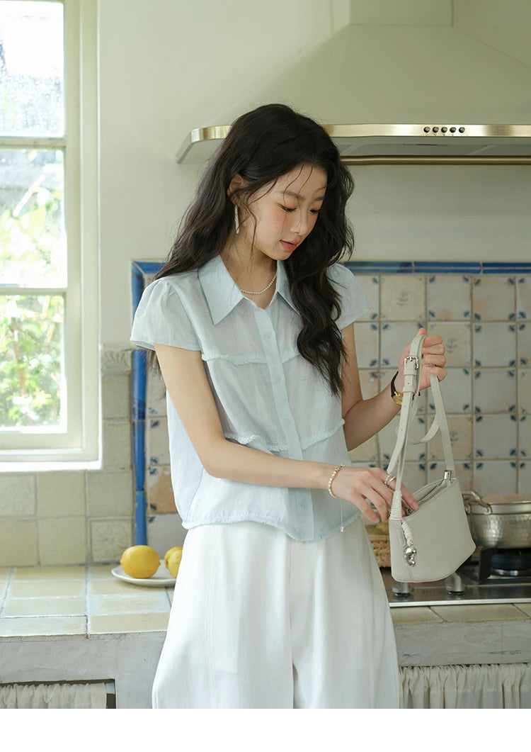 MISHOW Women's Turn-down Collar Button Casual Shirt 2025 Summer New Ladies Wear Edge Splicing Commut Short Sleeve Top MXE39C2363