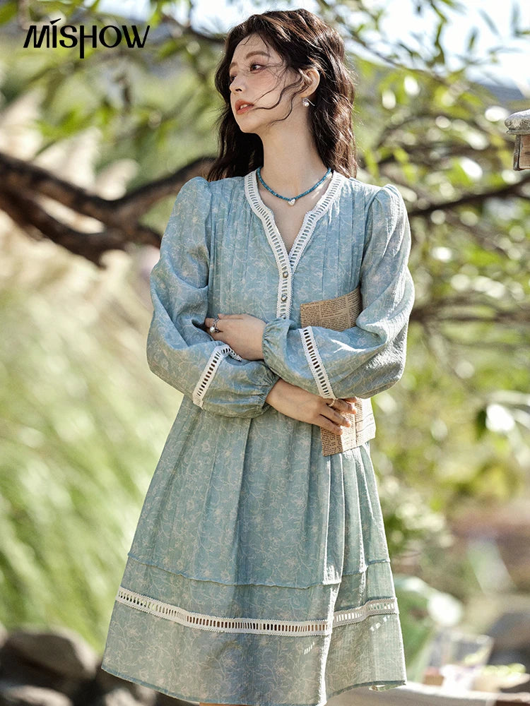 MISHOW Chiffon Printed Dress for Women Spring 2025 French V-neck Hollowed Out Lace Patchwork Medium Length Dresses MXE12L2096