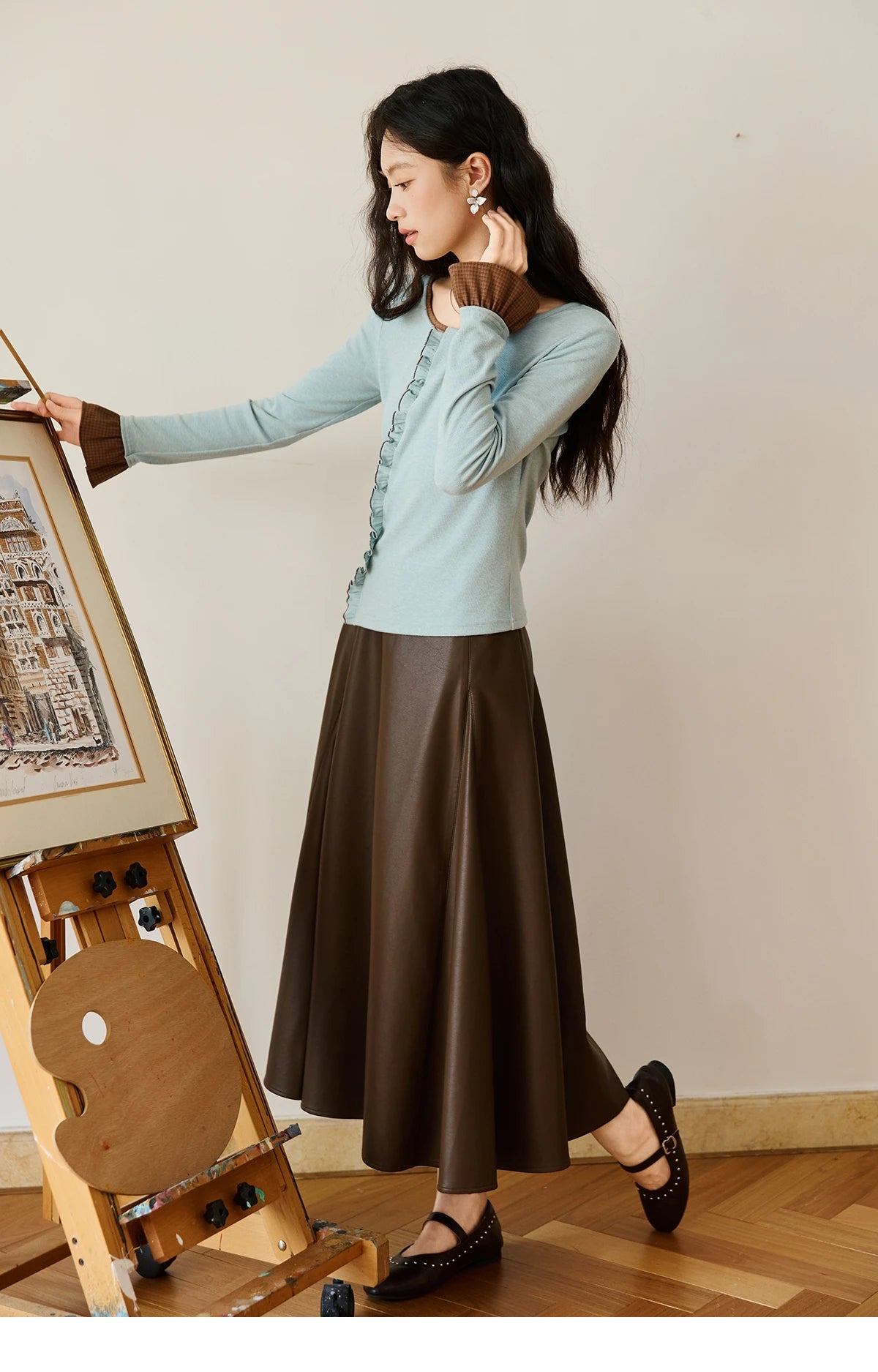 MISHOW PU Leather Skirt for Women 2025 Autumn High Waist A-line Skirt Retro Coffee Versatile Skirts Excluding Belt MXE45B2412