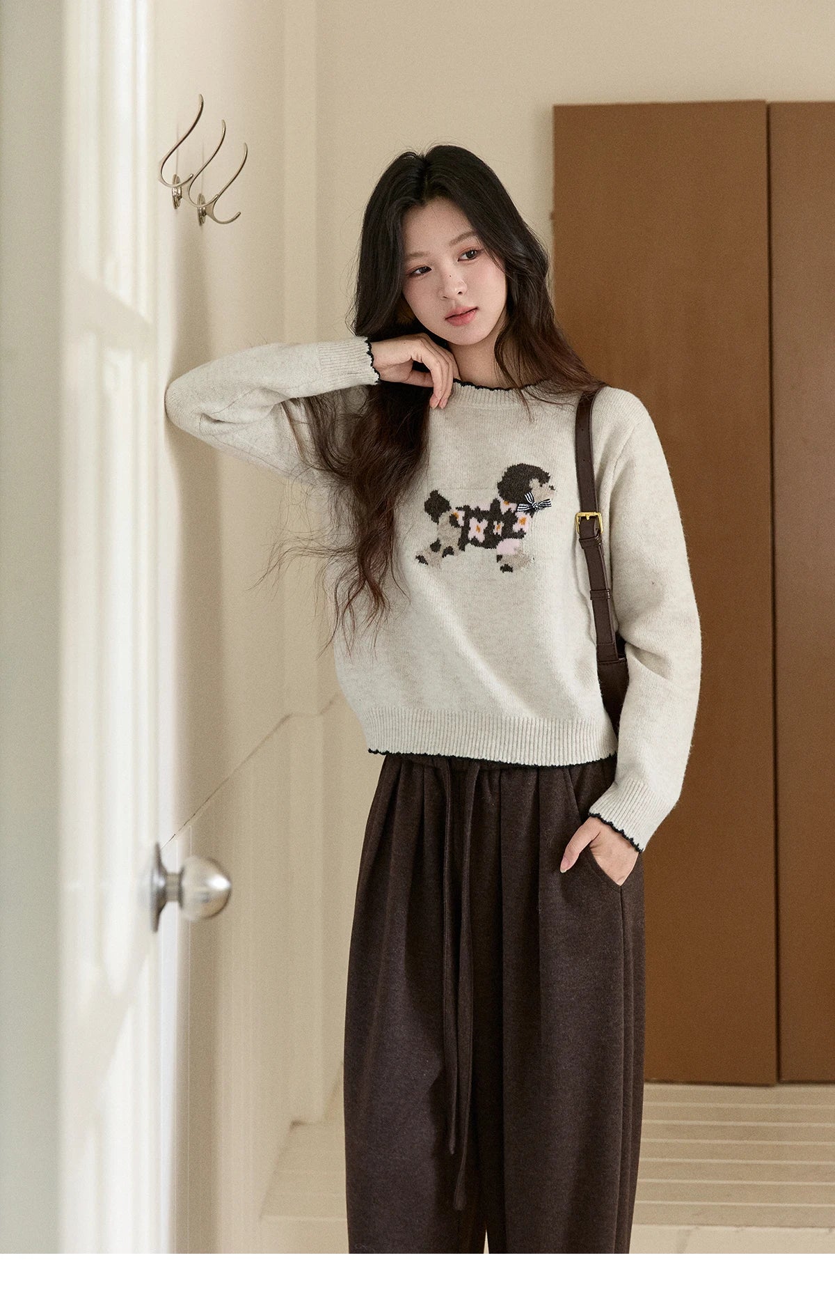 MISHOW Women's Burgundy Knitted Sweater 2025 Winter Poodle Pattern Ruffled Trim Crew Neck Sweater Warm Pullover Tops MXE93Z2949